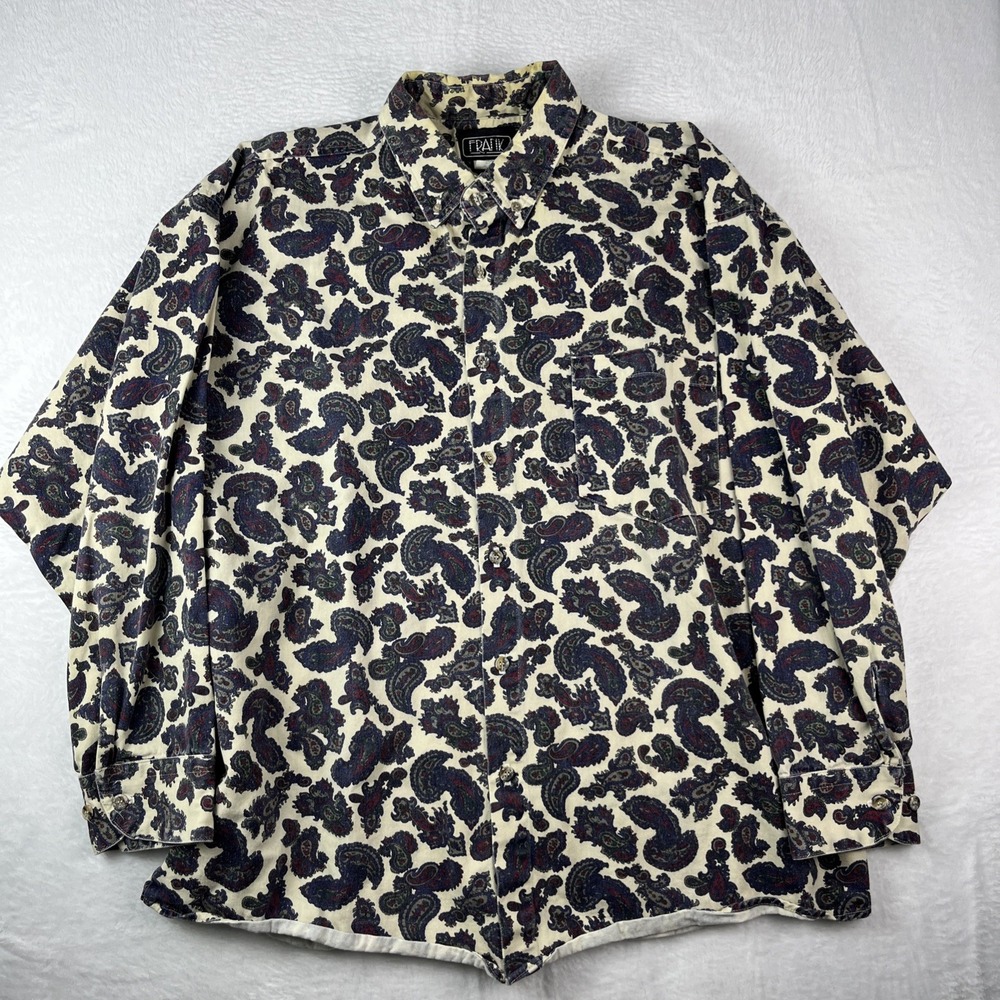 VTG Frank Shirt Mens Large Beige Black Paisley Print Casual Button Down